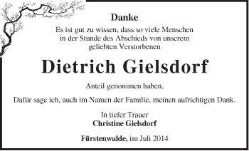 Traueranzeige von Dietrich  Gielsdorf von Märkische Oderzeitung