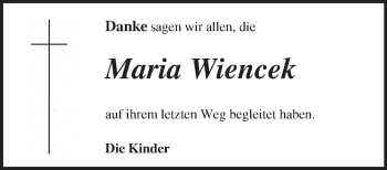 Traueranzeige von Maria Wiencek von Märkische Oderzeitung