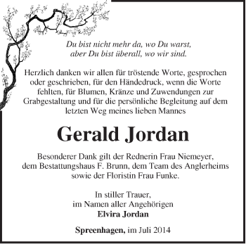 Traueranzeige von Gerald Jordan von Märkische Oderzeitung