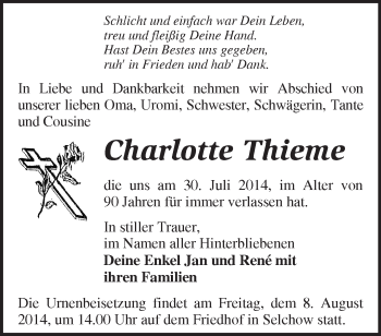 Traueranzeige von Charlotte Thieme von Märkische Oderzeitung