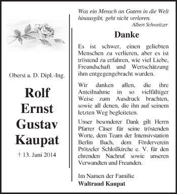 Traueranzeige von Rolf Ernst Gustav Kaupat von Märkische Oderzeitung