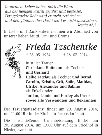 Traueranzeige von Frieda  Tzschentke von Märkische Oderzeitung