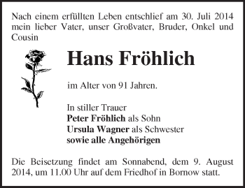 Traueranzeige von Hans Fröhlich von Märkische Oderzeitung