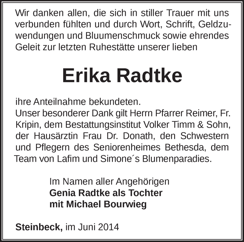  Traueranzeige für Erika Radtke vom 02.08.2014 aus Märkische Oderzeitung