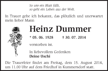 Traueranzeige von Heinz Dummer von Märkische Oderzeitung