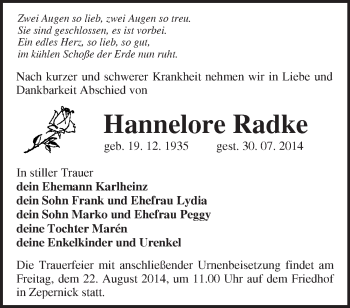 Traueranzeige von Hannelore  Radke von Märkische Oderzeitung