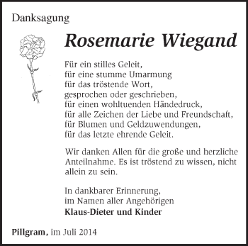 Traueranzeige von Rosemarie Wiegand von Märkische Oderzeitung