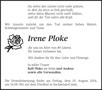 Traueranzeige von Irene  Ploke von Märkische Oderzeitung