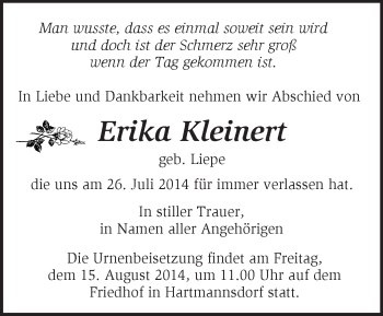 Traueranzeige von Erkia  Kleinert von Märkische Oderzeitung