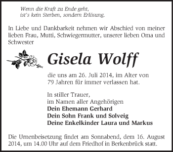 Traueranzeige von Gisela  Wolff von Märkische Oderzeitung