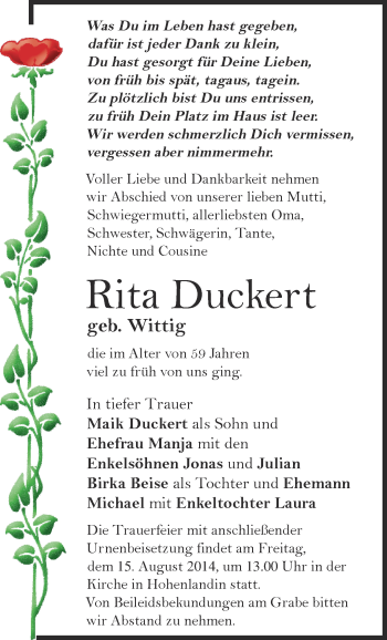 Traueranzeige von Rita  Duckert von Märkische Oderzeitung