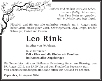 Traueranzeige von Leo  Rink von Märkische Oderzeitung