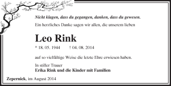 Traueranzeige von Leo Rink von Märkische Oderzeitung