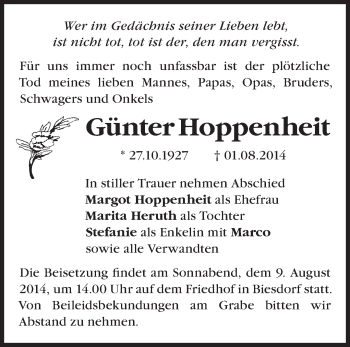 Traueranzeige von Günter Hoppenheit von Märkische Oderzeitung