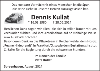 Traueranzeige von  Dennis  Kullat von Märkische Oderzeitung