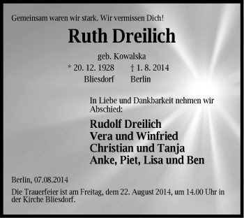 Traueranzeige von Ruth Dreilich von Märkische Oderzeitung