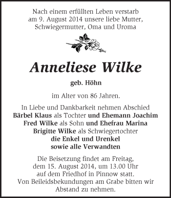 Traueranzeige von Anneliese Wilke von Märkische Oderzeitung