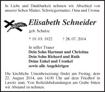 Traueranzeige von Elisabeth Schneider von Märkische Oderzeitung