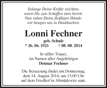 Traueranzeige von Lonni Fechner von Märkische Oderzeitung