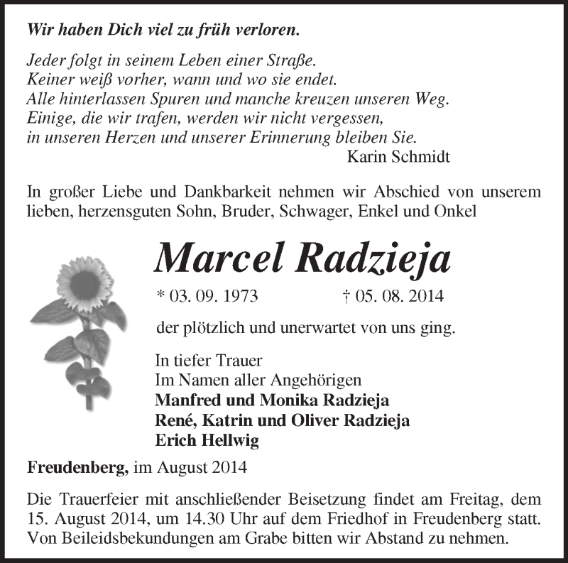  Traueranzeige für Marcel Radzieja vom 12.08.2014 aus Märkische Oderzeitung