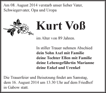 Traueranzeige von Kurt Voß von Märkische Oderzeitung