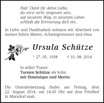 Traueranzeige von Ursula Schütze von Märkische Oderzeitung