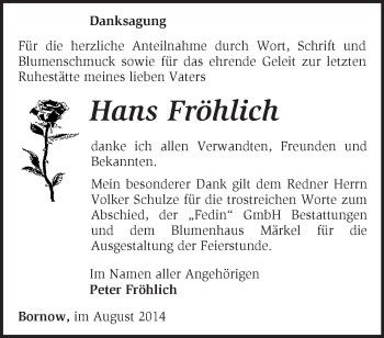 Traueranzeige von Hans Fröhlich von Märkische Oderzeitung