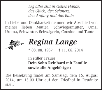 Traueranzeige von Regina Lange von Märkische Oderzeitung