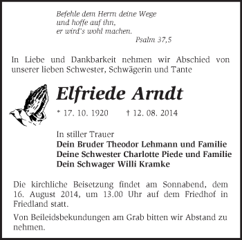 Traueranzeige von Elfriede Arndt von Märkische Oderzeitung