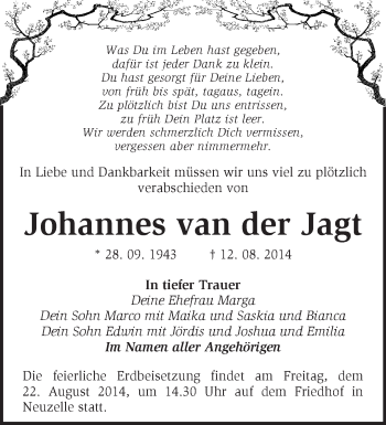 Traueranzeige von Johannes van der Jagt von Märkische Oderzeitung