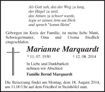 Traueranzeige von Marianne Marquardt von Märkische Oderzeitung