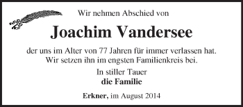 Traueranzeige von Joachim Vandersee von Märkische Oderzeitung