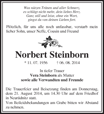 Traueranzeige von Norbert Steinborn von Märkische Oderzeitung