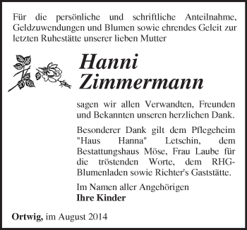 Traueranzeige von Hanni Zimmermann von Märkische Oderzeitung