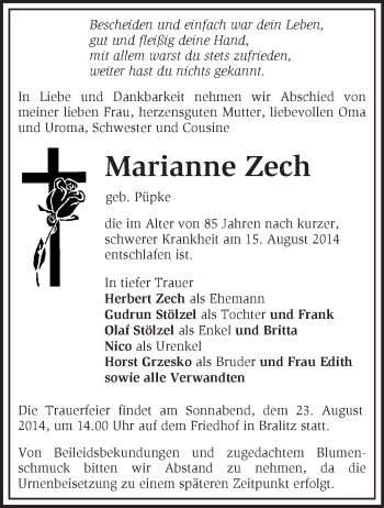 Traueranzeige von Marianne Zech von Märkische Oderzeitung