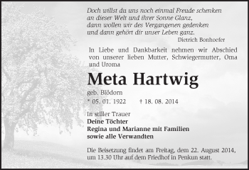 Traueranzeige von Meta Hartwig von Märkische Oderzeitung