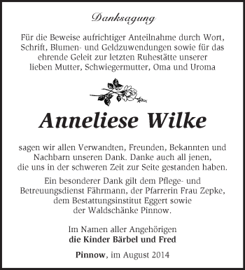 Traueranzeige von Anneliese Wilke von Märkische Oderzeitung