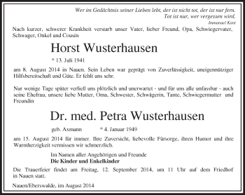 Traueranzeige von Horst Wusterhausen von Märkische Oderzeitung