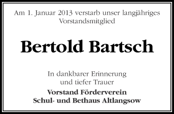 Traueranzeige von Bertold Bartsch von Märkische Oderzeitung