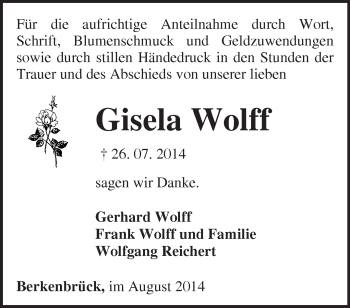 Traueranzeige von Gisela  Wolff von Märkische Oderzeitung