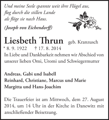 Traueranzeige von Liesbeth Thrun von Märkische Oderzeitung