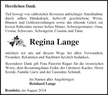 Traueranzeige von Regina Lange von Märkische Oderzeitung