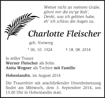 Traueranzeige von Charlotte Fleischer von Märkische Oderzeitung