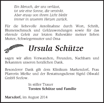 Traueranzeige von Ursula Schütze von Märkische Oderzeitung