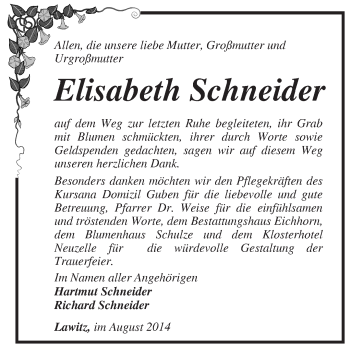 Traueranzeige von Elisabeth Schneider von Märkische Oderzeitung