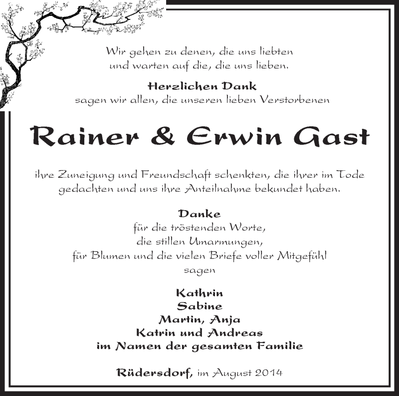  Traueranzeige für Rainer Gast vom 30.08.2014 aus Märkische Oderzeitung