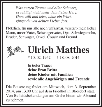 Traueranzeige von Ulrich Matthes von Märkische Oderzeitung