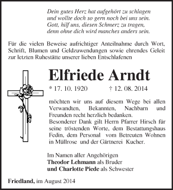 Traueranzeige von Elfriede Arndt von Märkische Oderzeitung