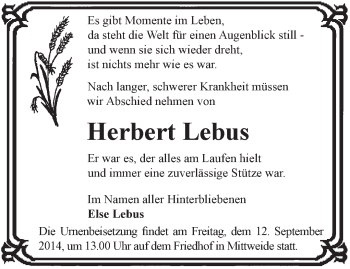 Traueranzeige von Herbert Lebus von Märkische Oderzeitung