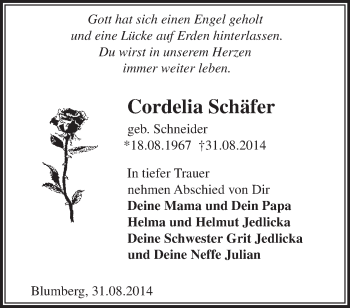 Traueranzeige von Cordelia Schäfer von Märkische Oderzeitung